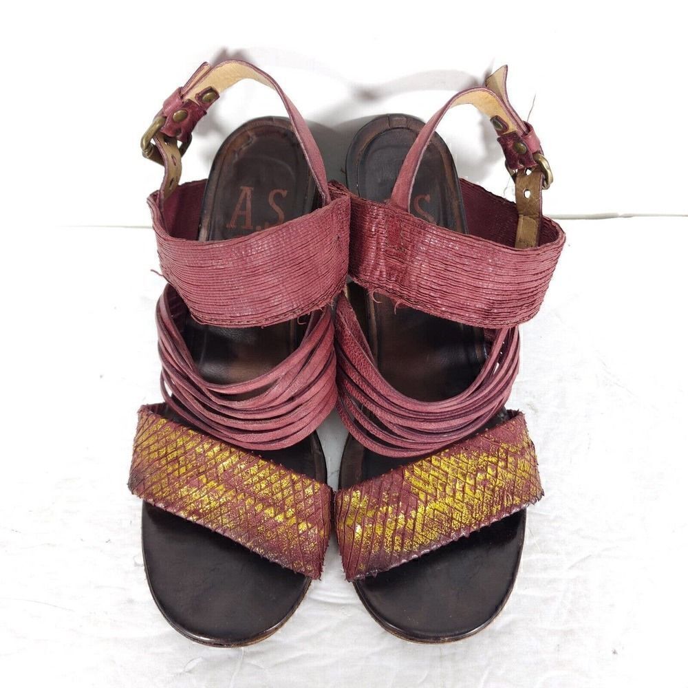 A.S.98 Women's EU37 US6,5 Burgundy Leather Wedge Heels Strappy Slingback Sandal - Picture 14 of 15